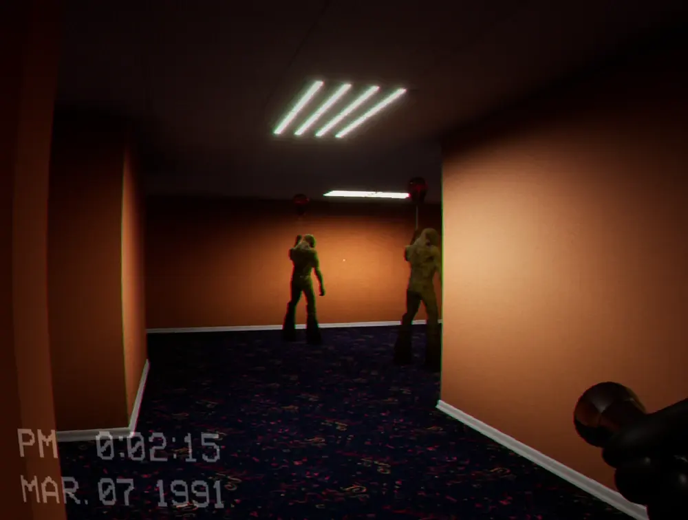 Partygoer patrol room with tables in Level Fun