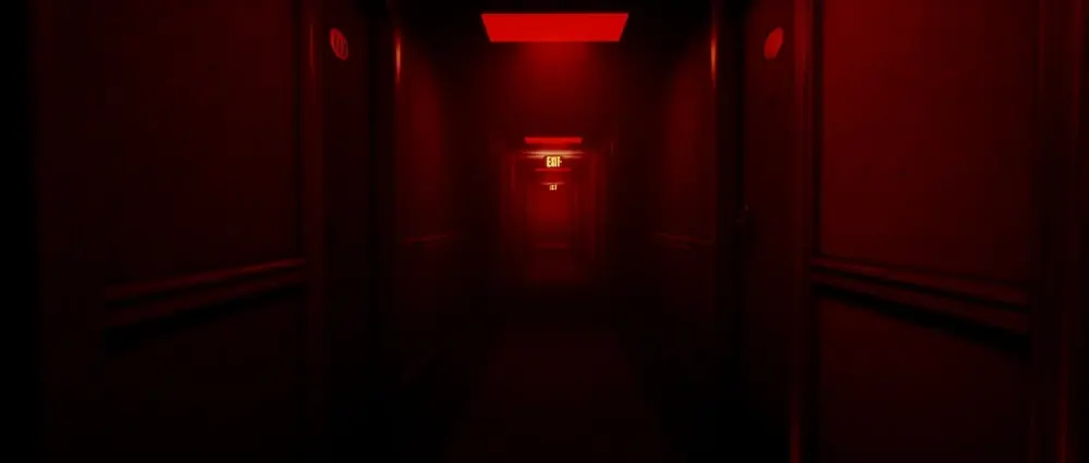 The red-lit corridors of Level Double Exclamation