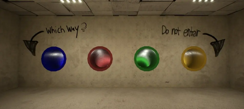 Escape the Backrooms Level 2 Graffiti colored tubes and fan puzzle