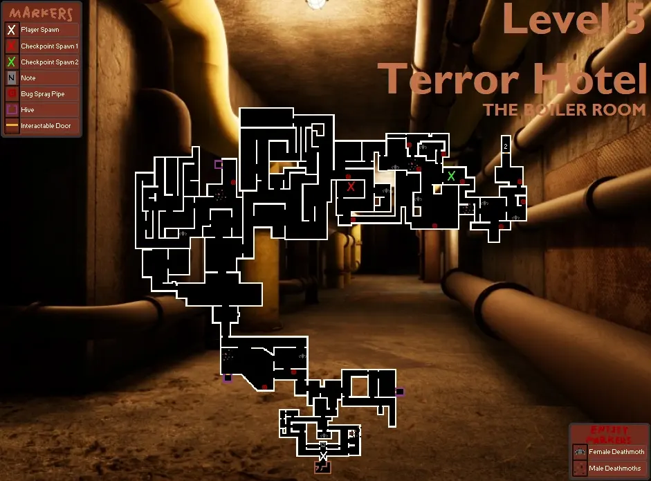 Level 5 Boiler Room map with four numbered guide points.