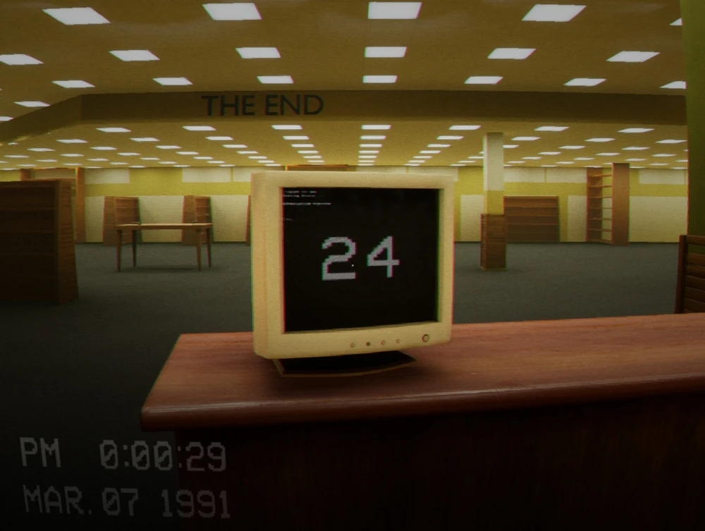 Búsqueda de cintas VHS en las estanterías de The End